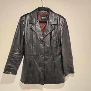 Wilsons Leather Jacket Trenchcoat Large Womens Black Minimalist 90s Y2K Vintage
